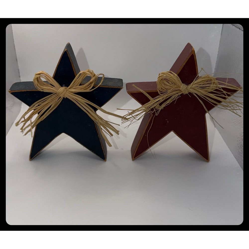 Wooden Star Figurines Small Blue Red Primitive Country Decor Set of 2